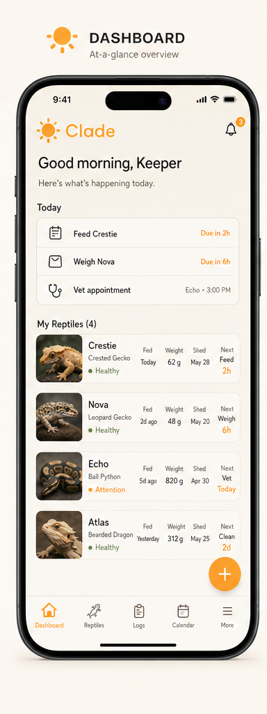 Dashboard screen showing today's tasks and reptile list