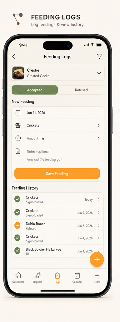 Feeding logs screen with history and new entry form