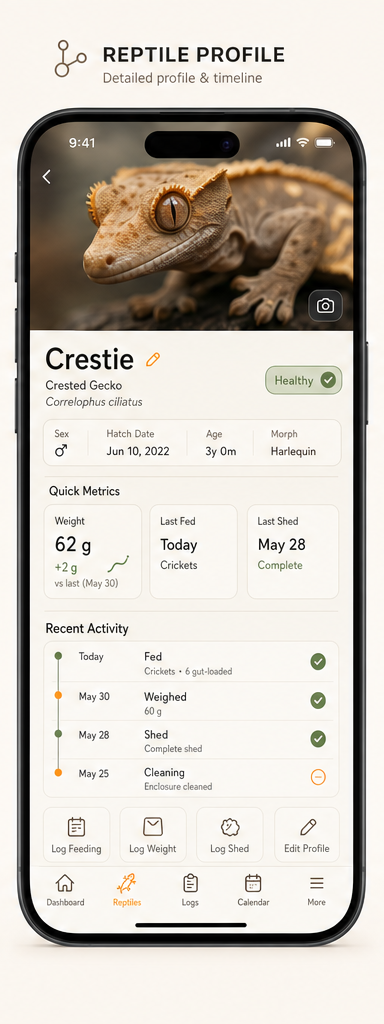 Reptile profile screen with metrics and activity timeline